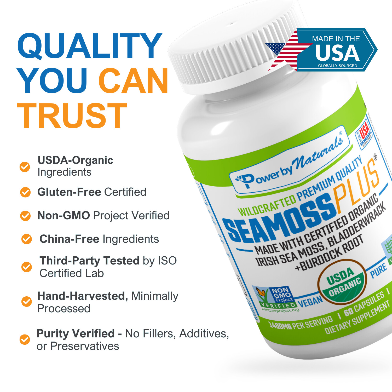 Certified Organic Sea Moss Bladderwrack Burdock Root Capsules | 60 SeaMoss Pills