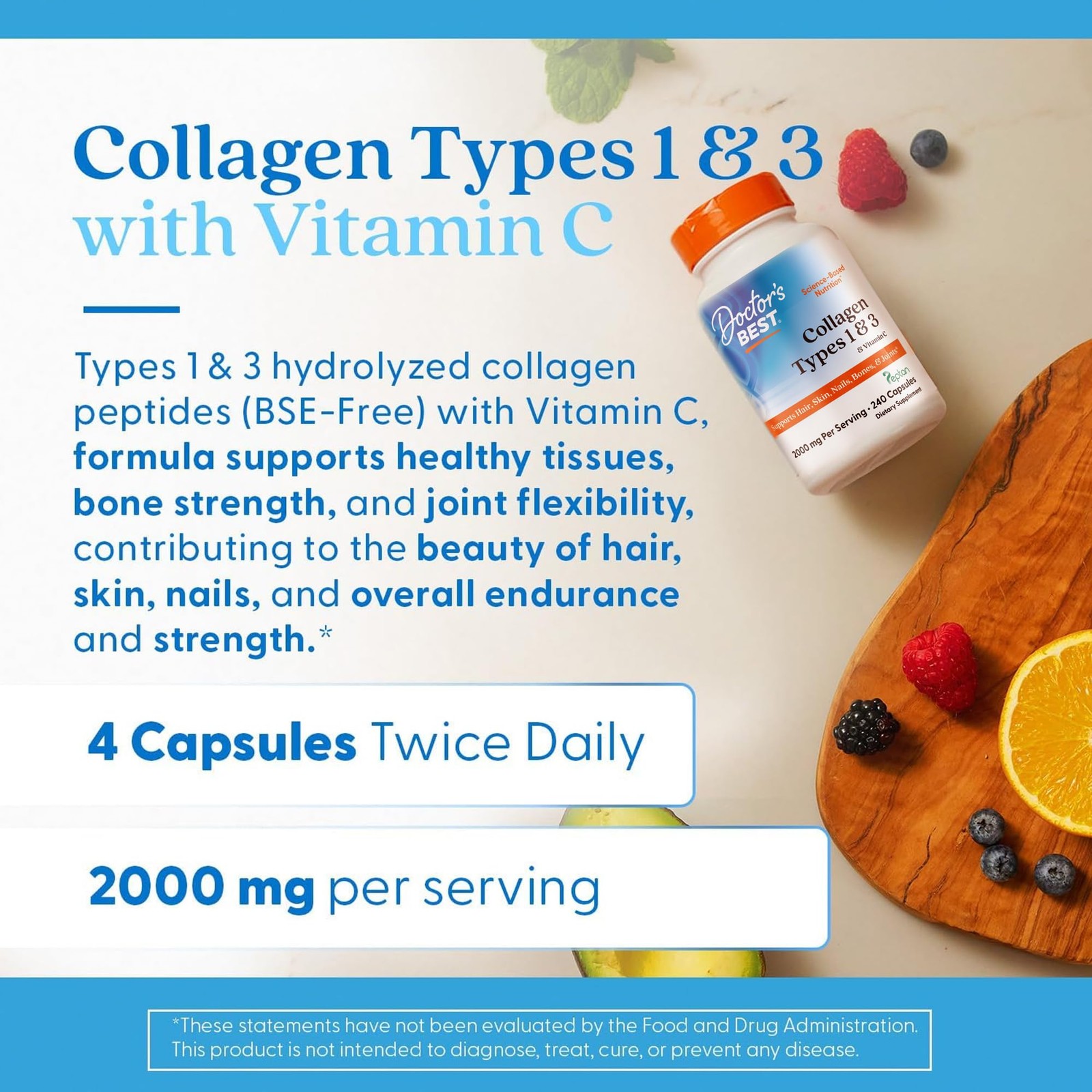 Doctor’s Best Collagen Peptides Types 1 & 3 – 240 Count (Pack of 1), No Color