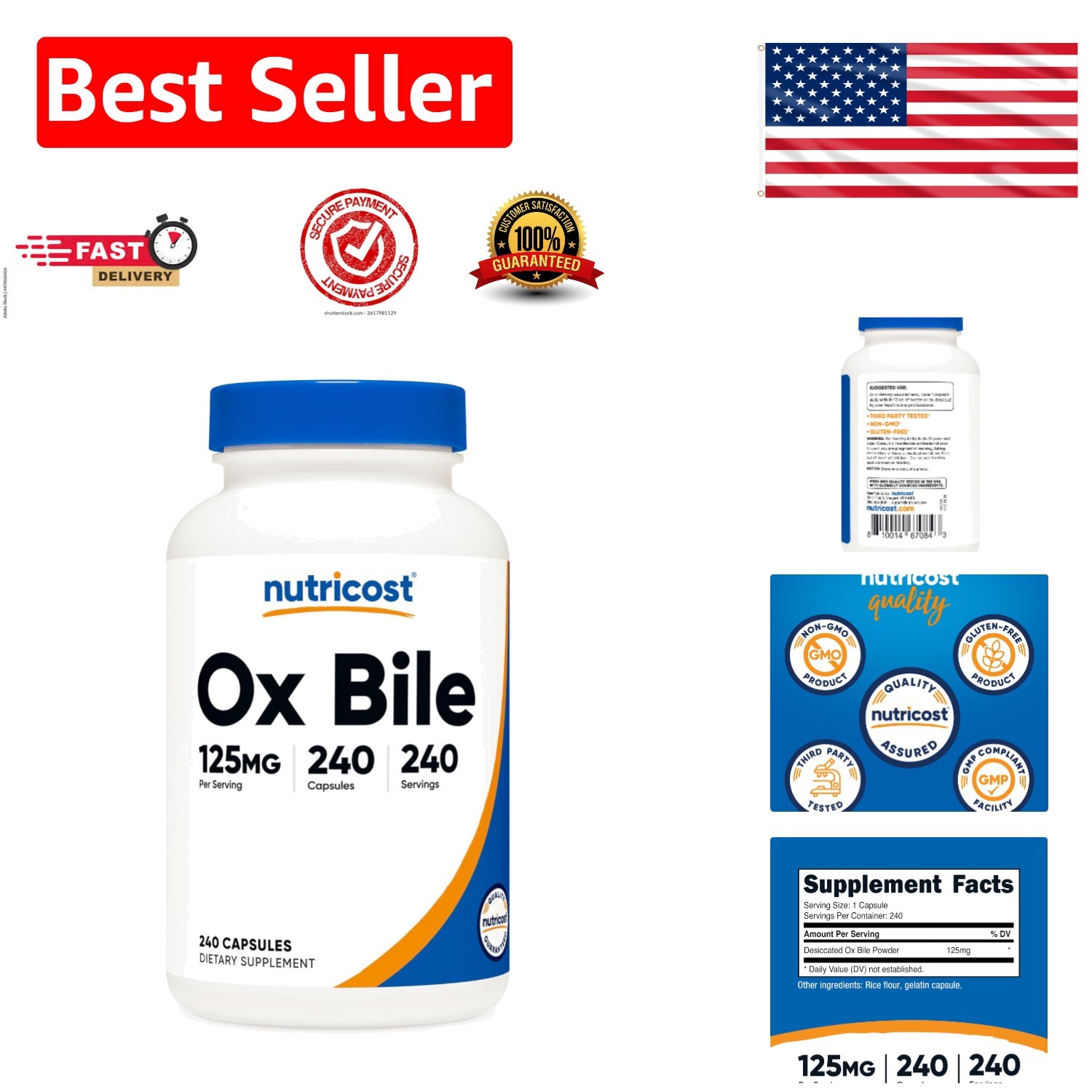 High Quality 125mg Ox Bile Capsules, 240 Count – Support Digestive Health