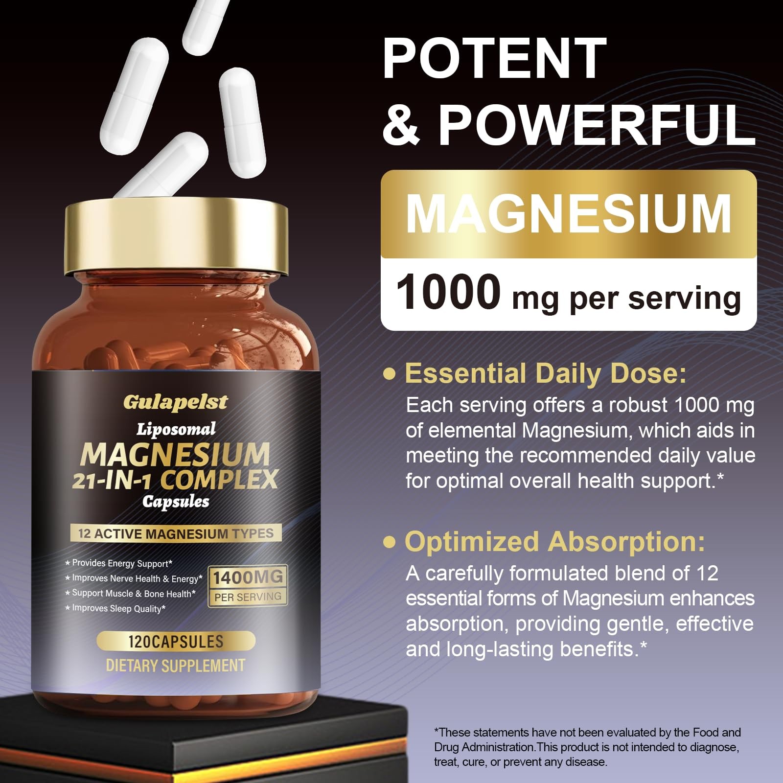 21 in 1 Liposomal 1400mg Magnesium Complex (Citrate, 120 Count (Pack of 1)
