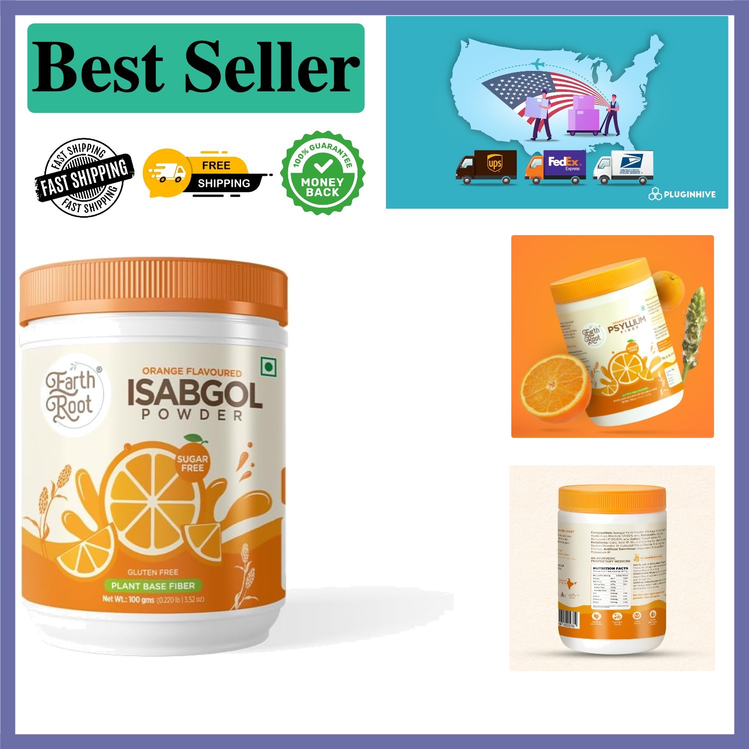 Delicious Orange Psyllium Husk Powder – & Non-GMO Fiber Supplement 100g