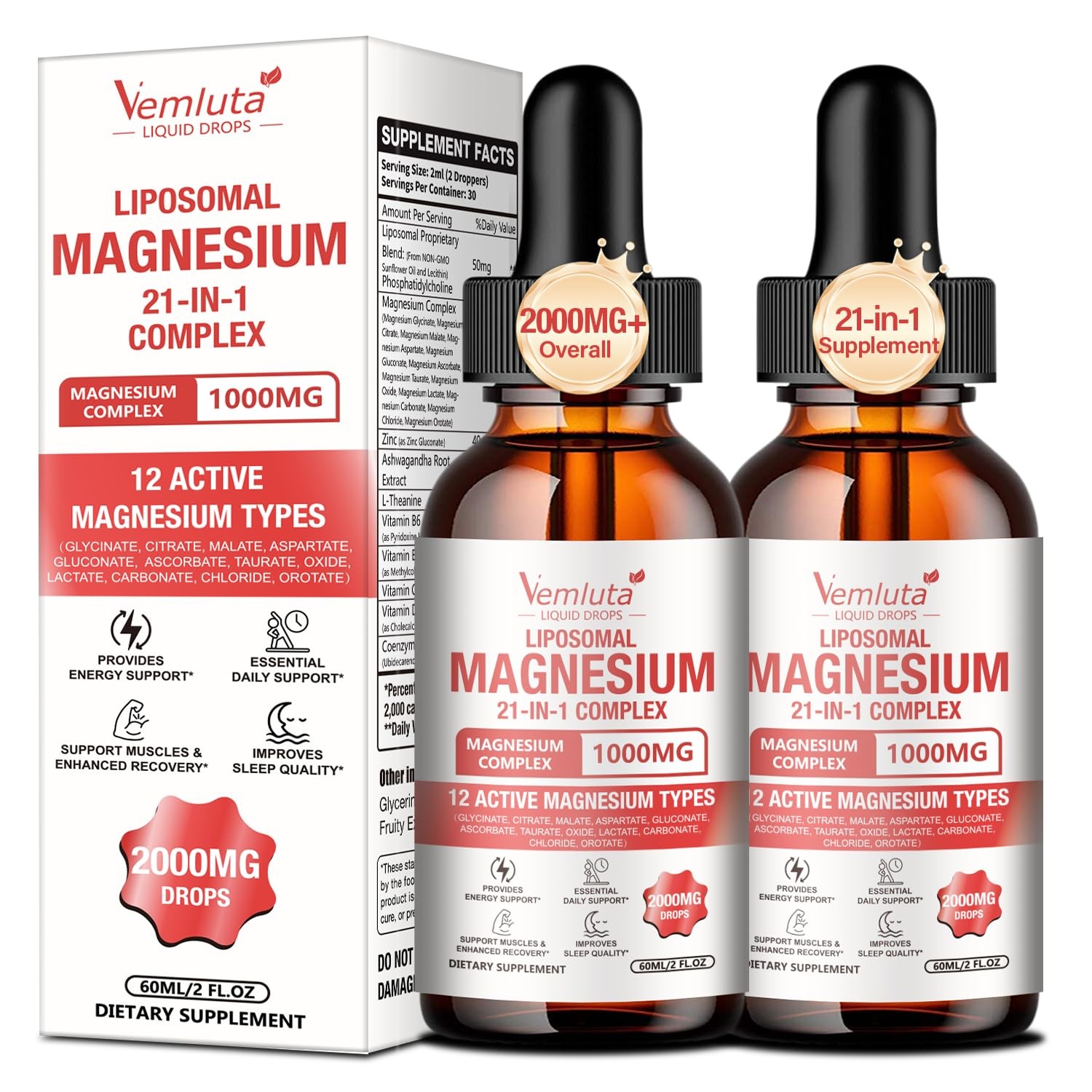 2 Packs 21-in-1 Liposomal 12 Active Magnesium Complex 2000MG+ Liquid Drops – …