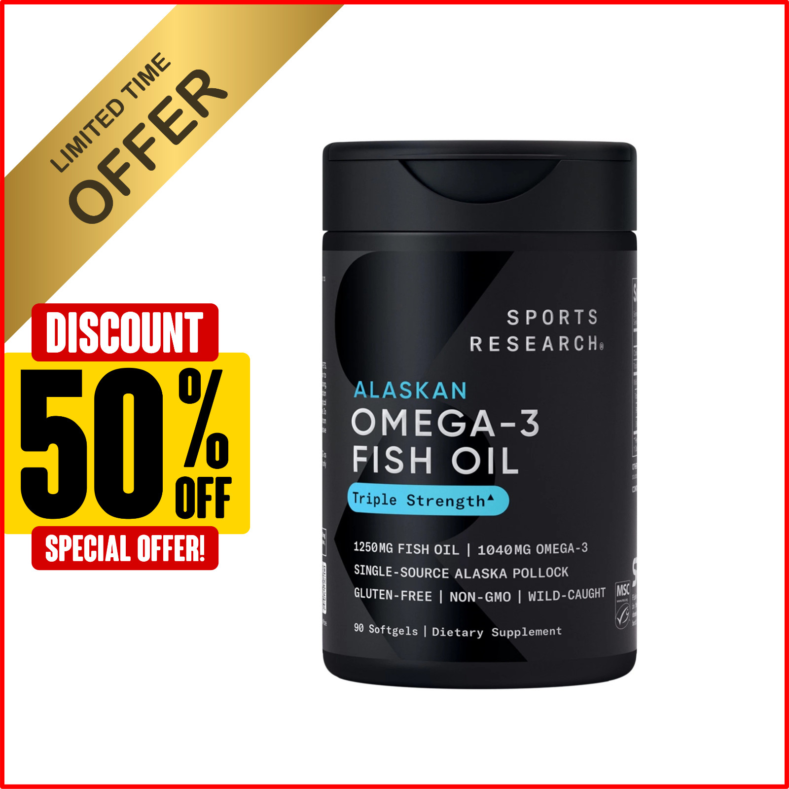 Triple Strength Omega 3 Fish Oil Burpless Supplement EPA DHA Fatty Acids 90 ct