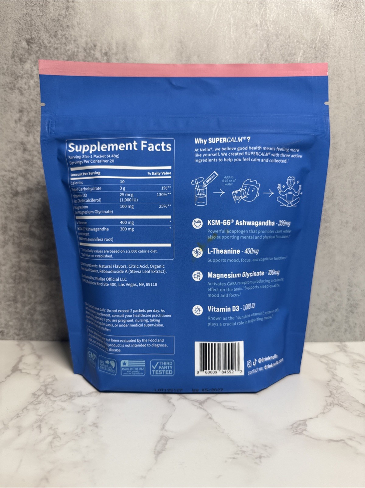 NELLO SUPER CALM Calming Drink Mix Raspberry Lemonade 20 servings – 5/2027 Exp