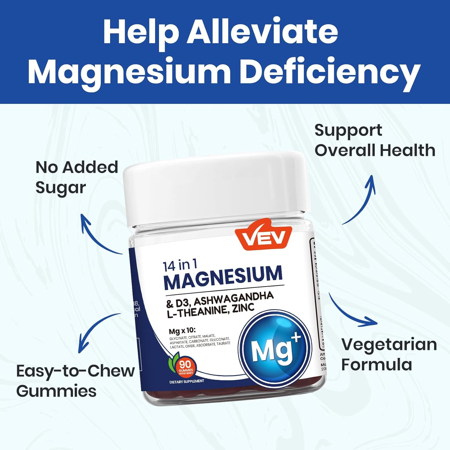 VEV Magnesium Citrate and Glycinate Gummies for Adults 14 in 1 Magnesium and d3,