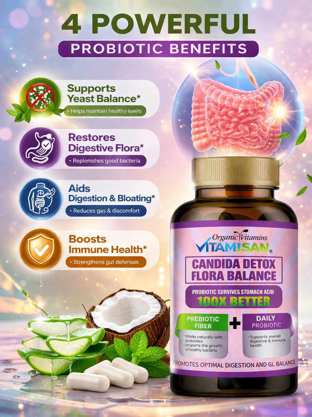 Candida Detox 3 Pack Probiotic Prebiotic Gut Health Digestive 300 Caps