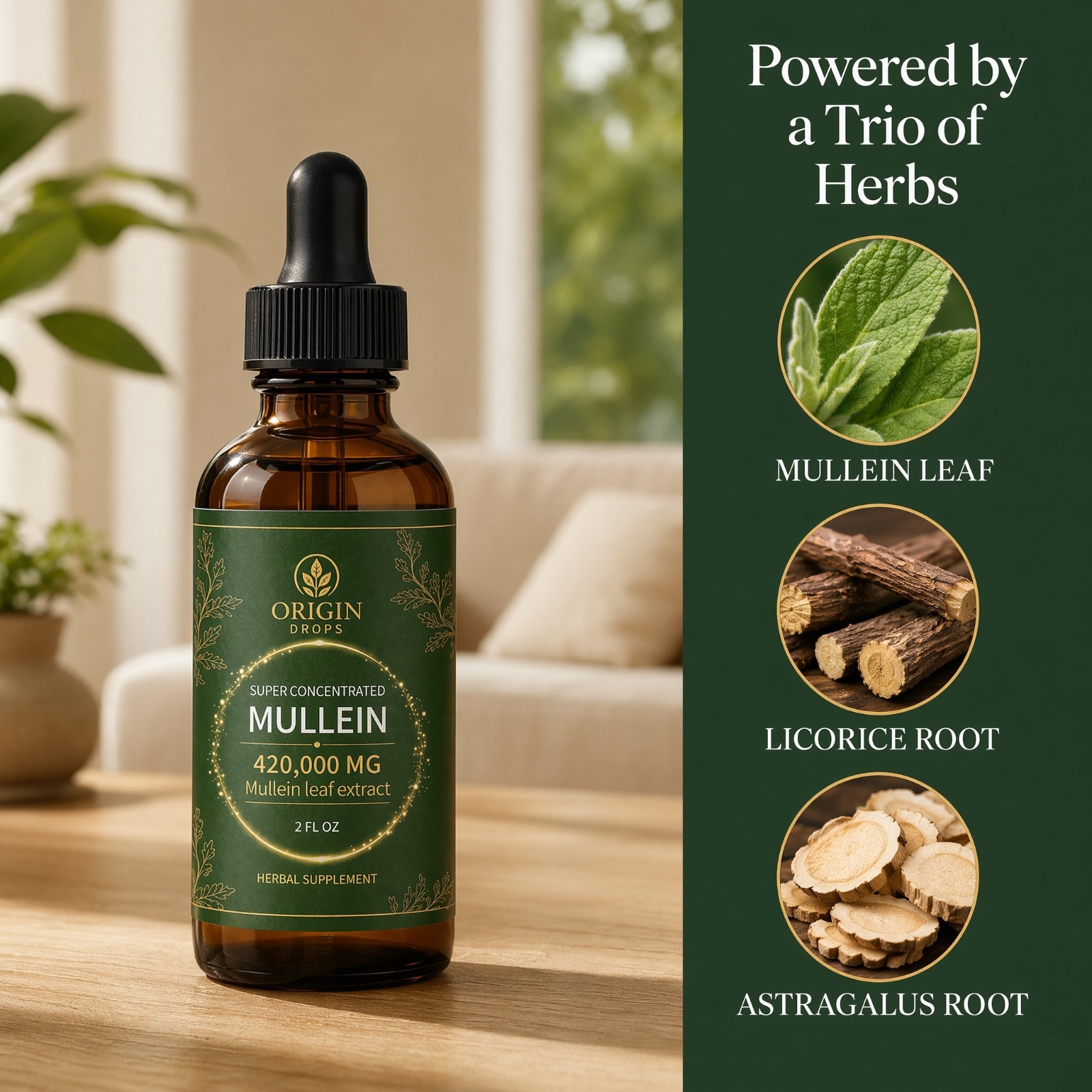 Origin Mullein Drops Natural Herbal Ear & Lung Support Supplement