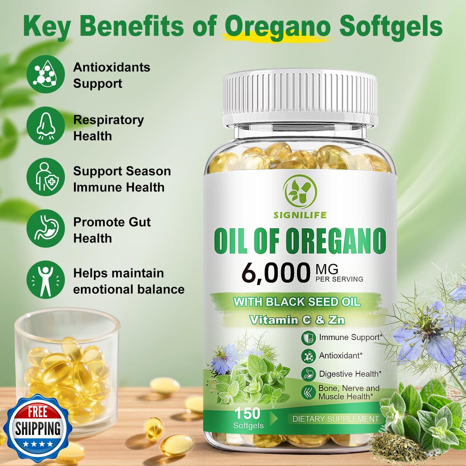 SIGNILIFE Oil of Oregano with Black Seed Oil, 6000mg Oregano Oil Capsules for