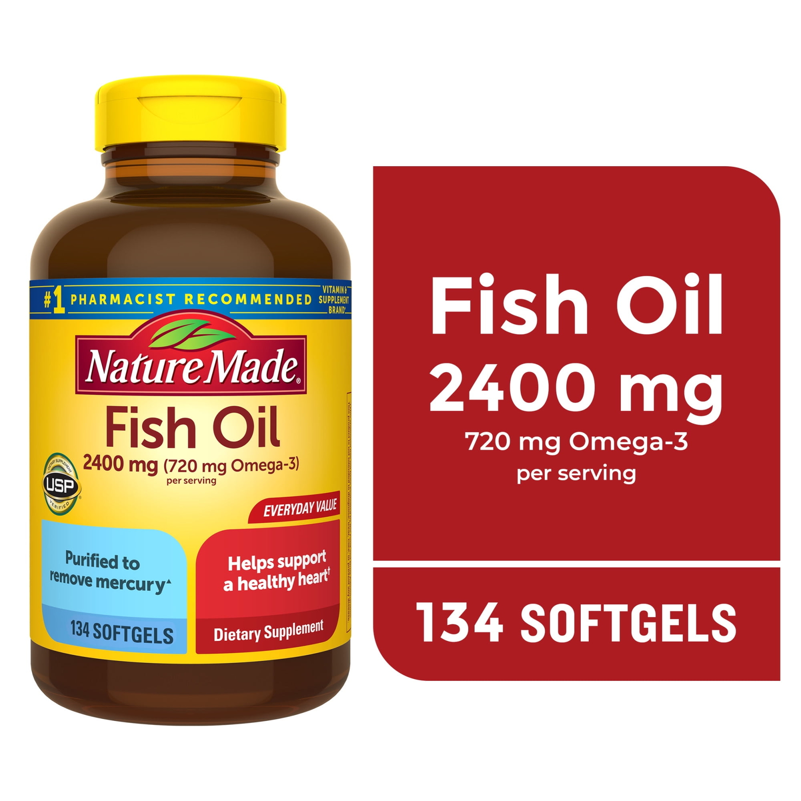 Nature Made Fish Oil 2400mg Per Serving Softgels Omega 3 Fish Oil 134 Count