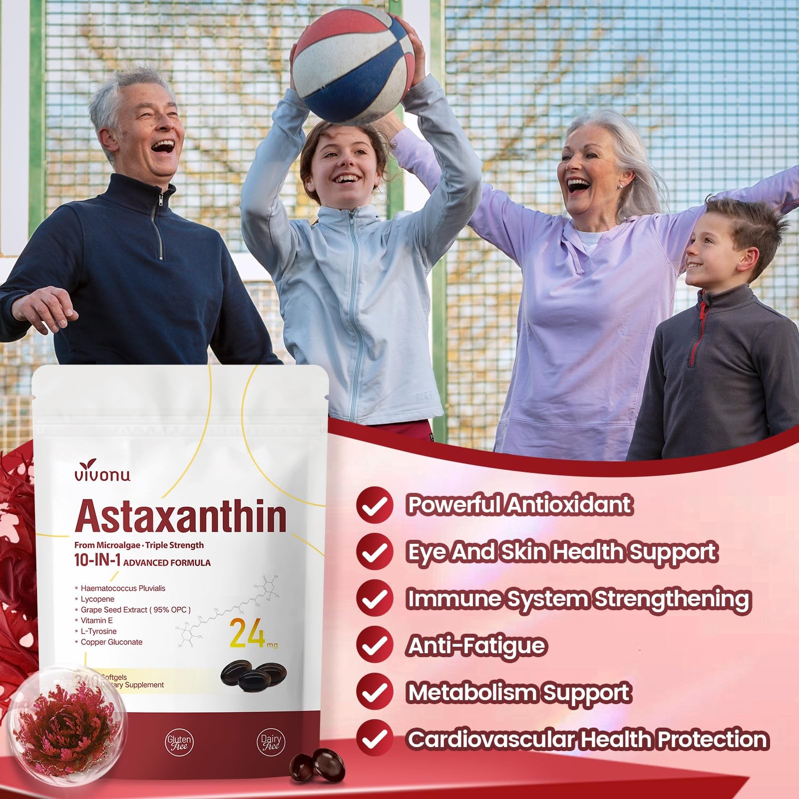 10 in 1 Astaxanthin 1 Count (Pack of 1), 24mg | 1 Bag | 240 Softgels