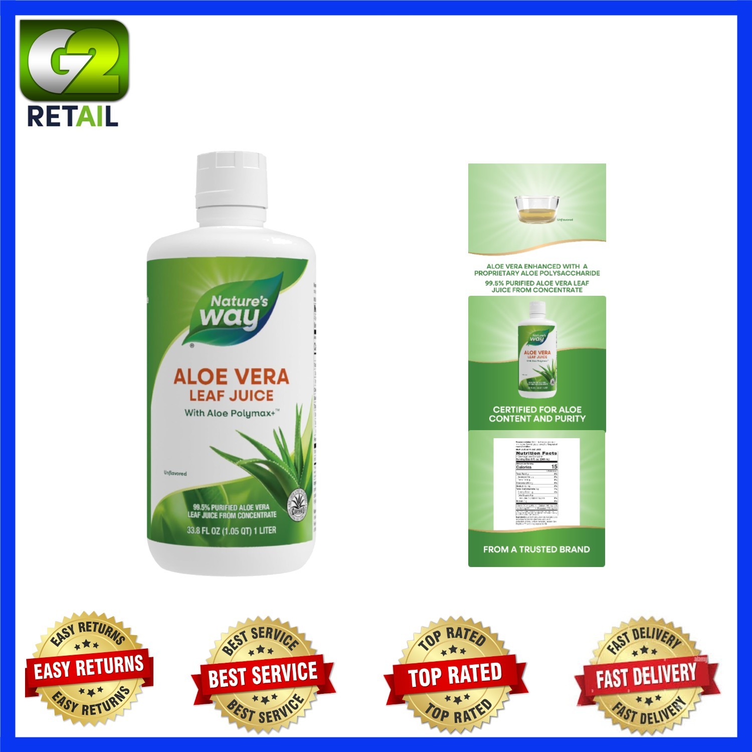 99.5% Purified Aloe Vera Juice with PolyMax+ – Pure Hydration Elixir, 33.8 Fl Oz