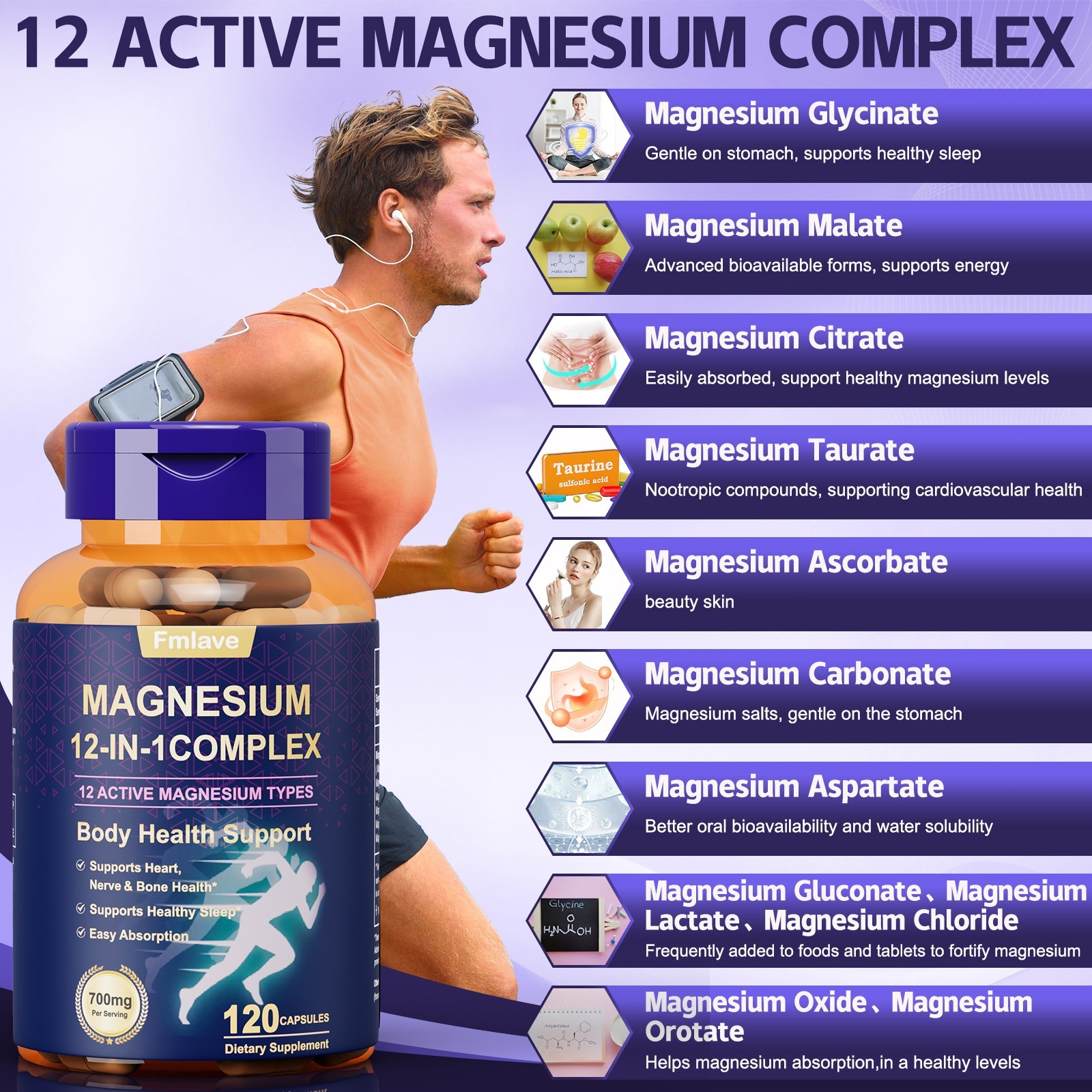 12 in 1 Magnesium Complex Supplement: 700mg of 12-element Magnesium, 120 caps