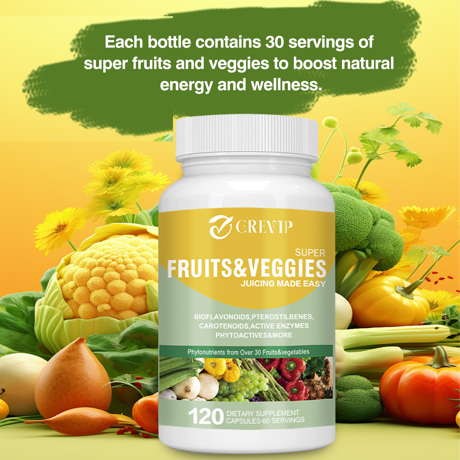 120pcs Fruits & Veggies – Organic Super Greens, Promote Energy, Digestive Health
