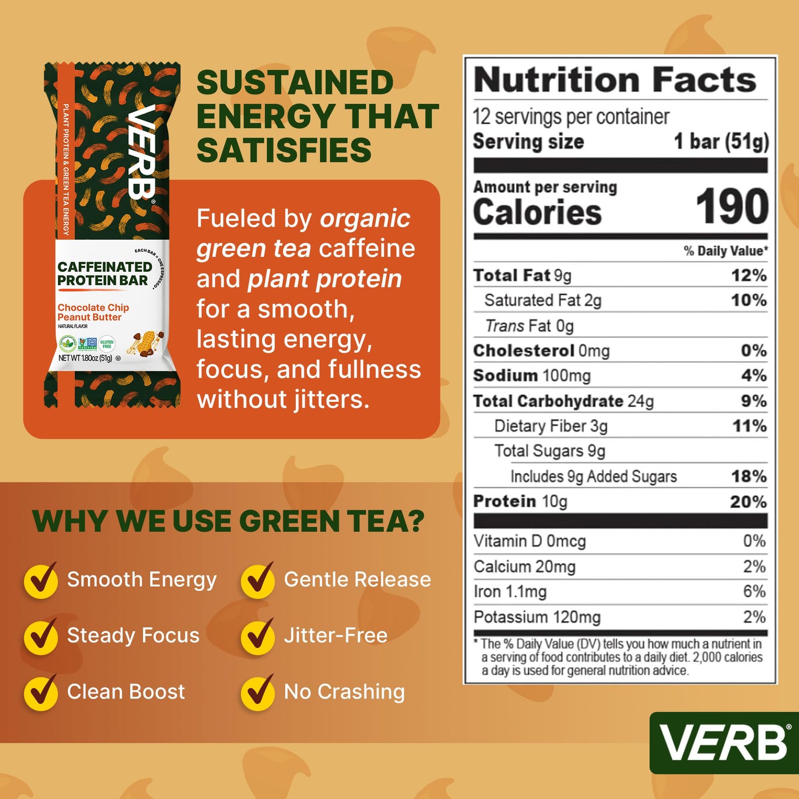 Verb Energy – Caffeinated Protein Bars Chocolate 1 count (Pack of 12), brown
