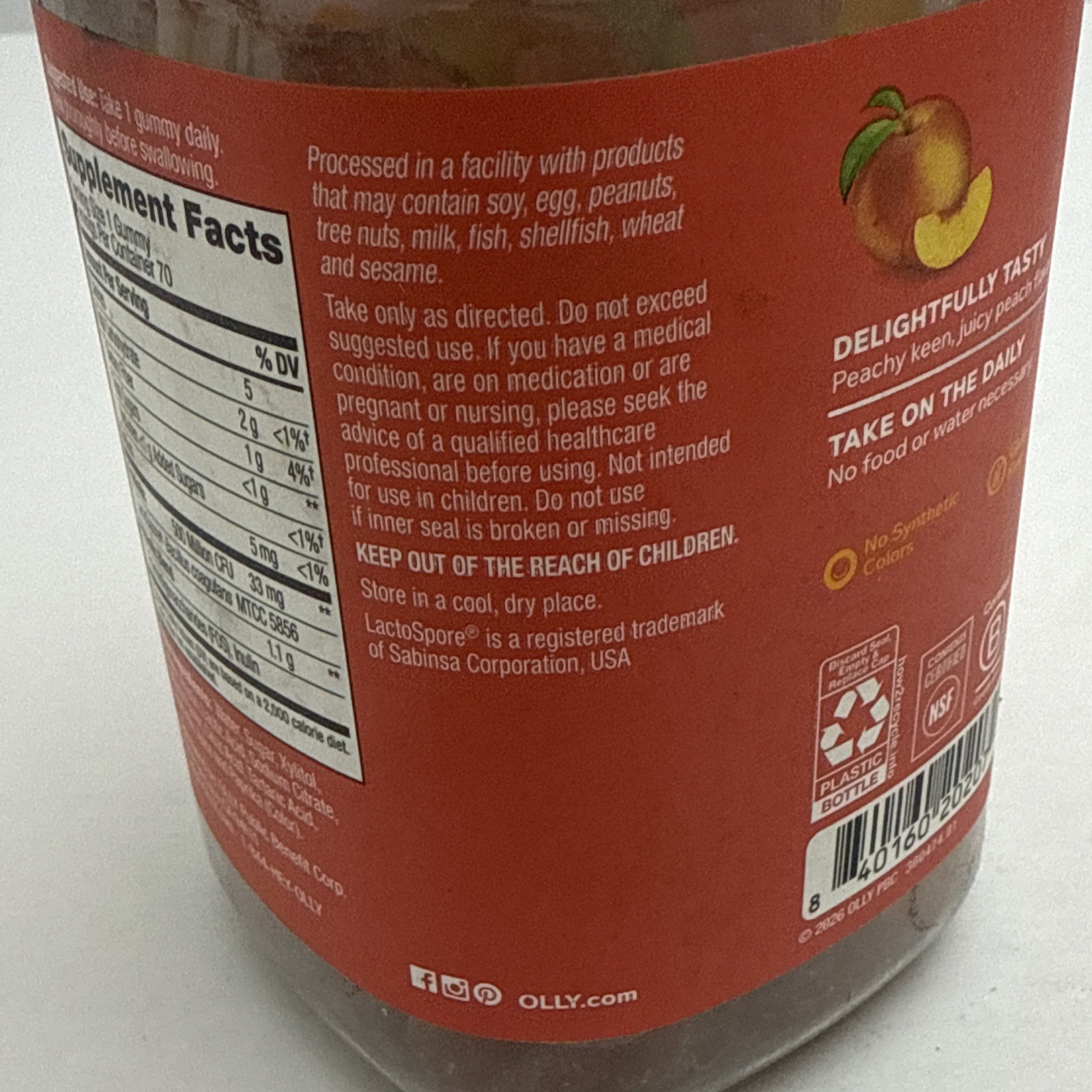 OLLY Adult Probiotic + Prebiotic Digestive Support Gummy Peach 70 Ct EXP 07/2027