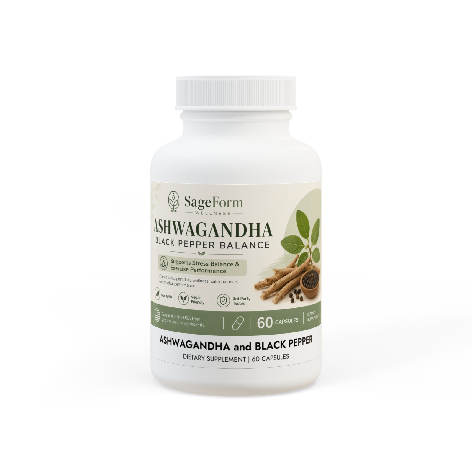 Ashwagandha Black Pepper Balance 60 Capsules Stress Support Vegan Non-GMO