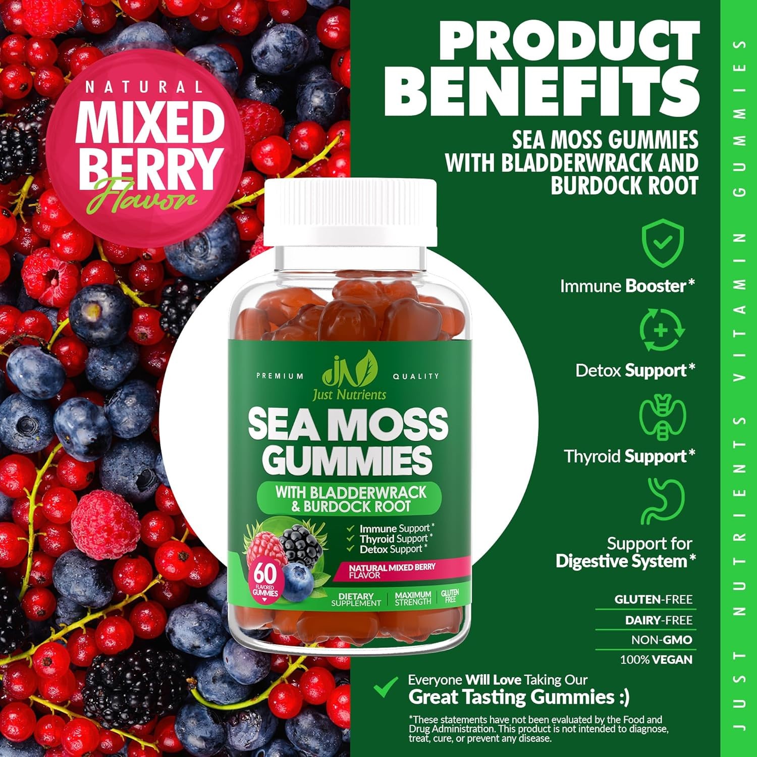 Just Nutrients Sea Moss Gummies 3000mg Vegan Mixed Berry 60 Count