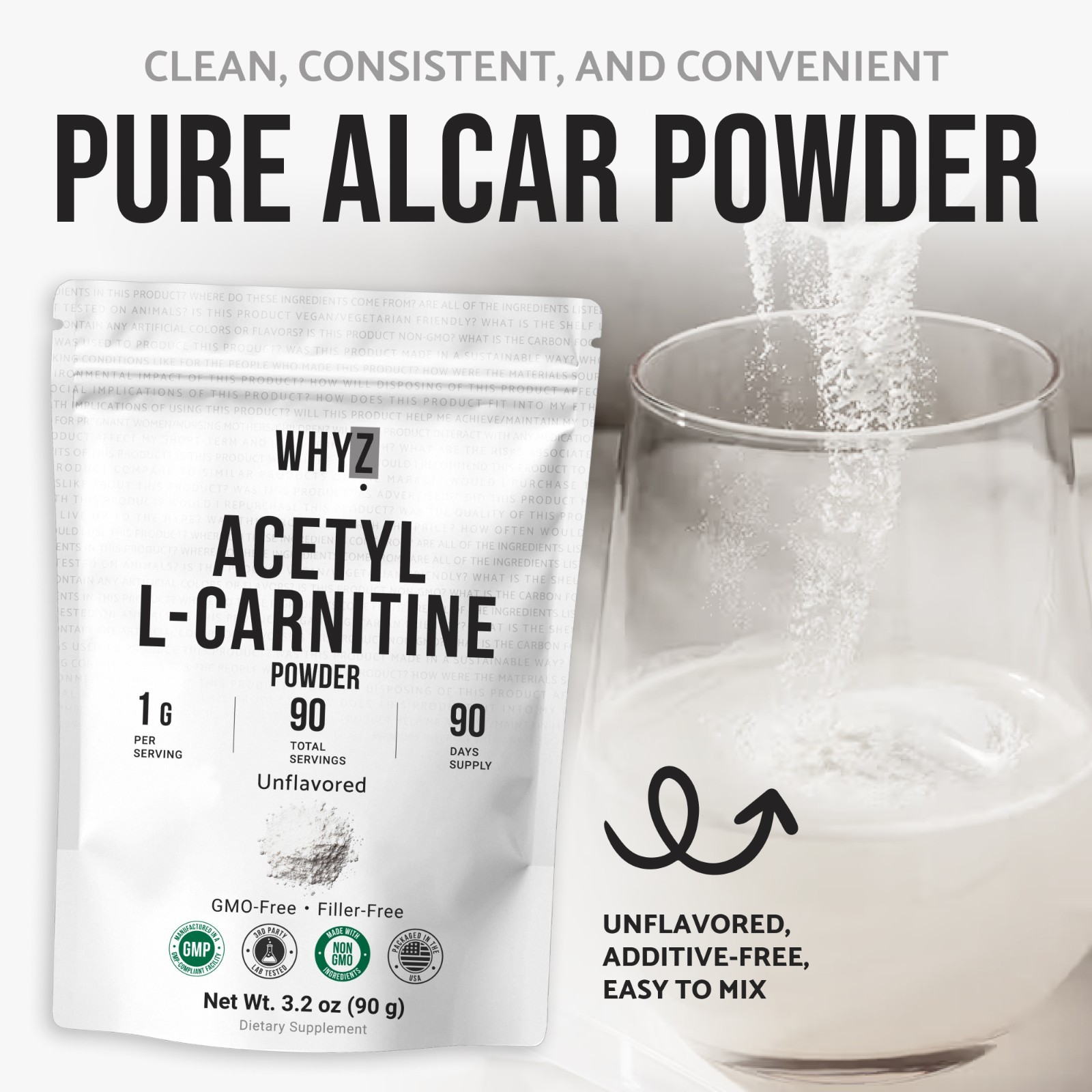 Whyz Pure Acetyl L-Carnitine Powder with Smooth Texture for Easy Mixing, 3.2 oz