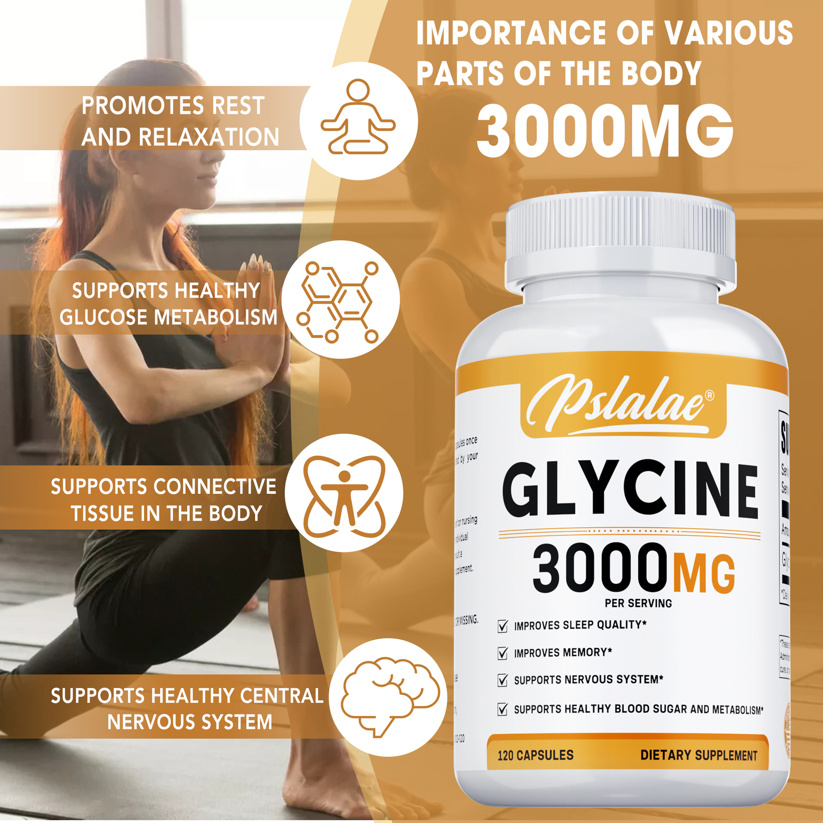 Glycine 3000mg – Sleep,Muscle Support Stress & Anxiety Relief, High Strength