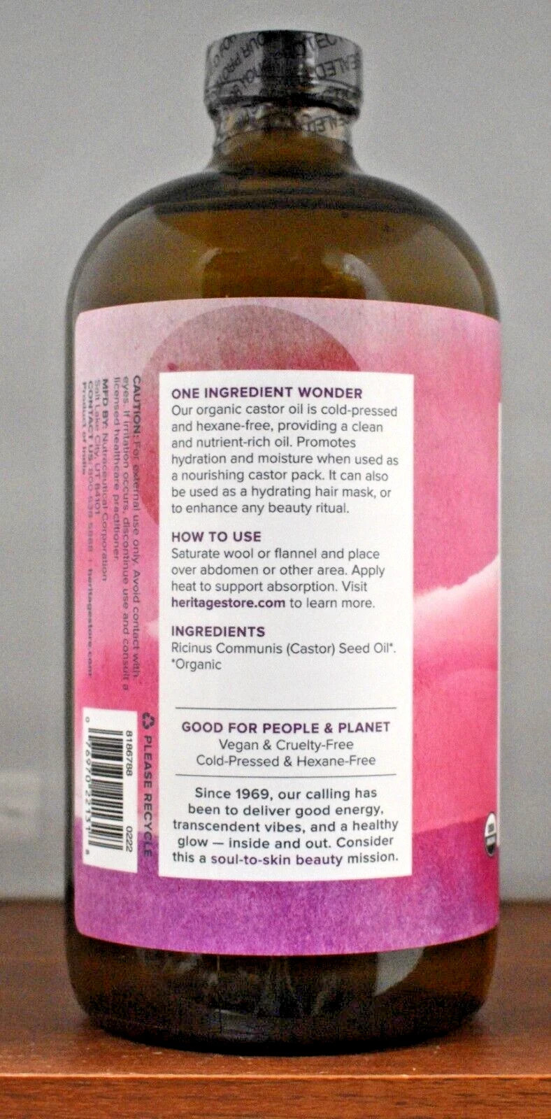 Heritage Store Organic Castor Oil – 32 fl oz (946 ml) – Glass Bottle – Pack of 2