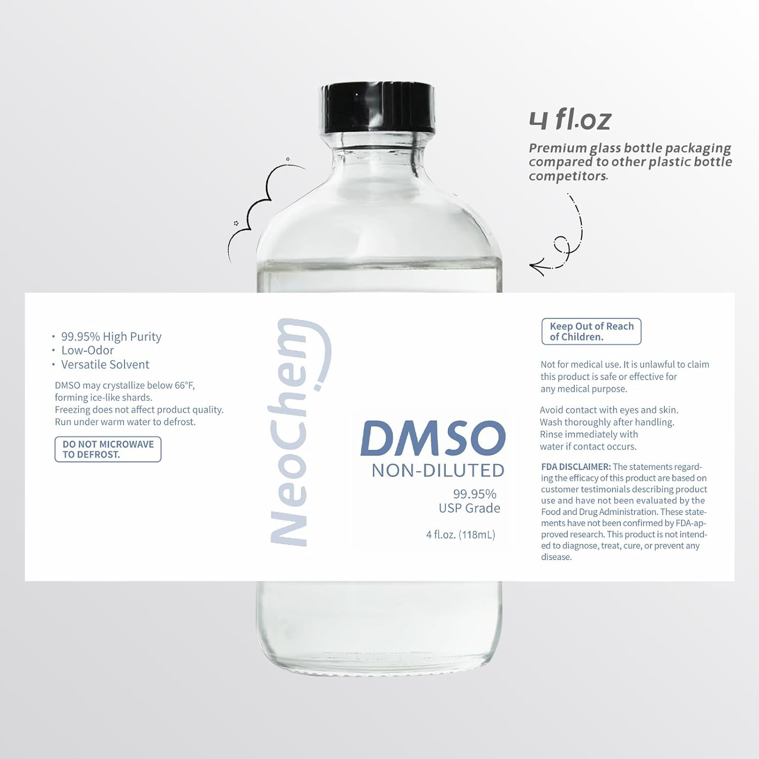 99.95% Pure DMSO Liquid 4 oz | Pharma Grade Odorless Non-Diluted in Glass