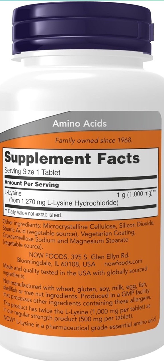 Now Foods L-Lysine 1000mg Collagen Synthesis Double Strength 100 Tabs 02/2030