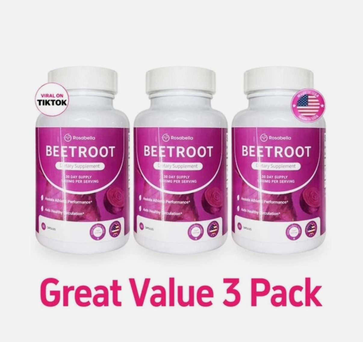 3PCS Rosabella Organic Beet Root 60 Capsules Natural Energy Boost Blood Pressure