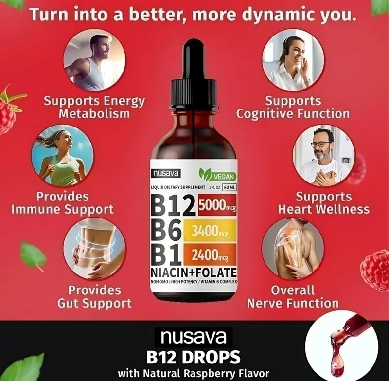 Nusava Vitamin B12+B6 Liquid Drops 5 Pack Sublingual Energv & Brain Support