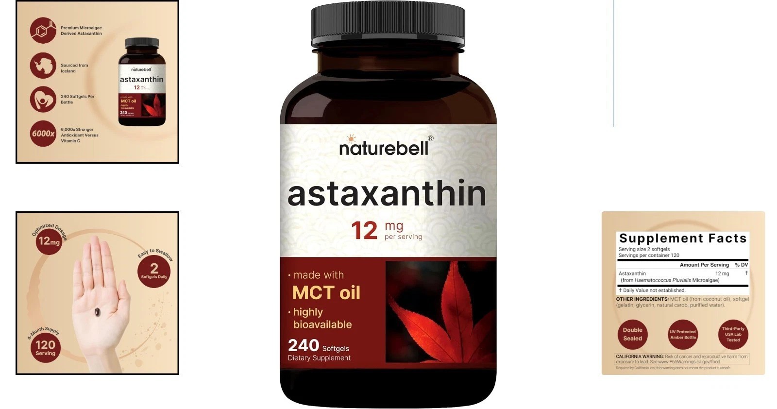 Non-GMO Astaxanthin Softgels 12mg – 240 Easy-to-Swallow Pills for Daily Wellness