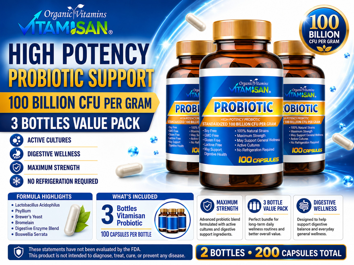 Probiotics 100 Billion CFU High Potency Digestive Immune Health Support 100 Caps
