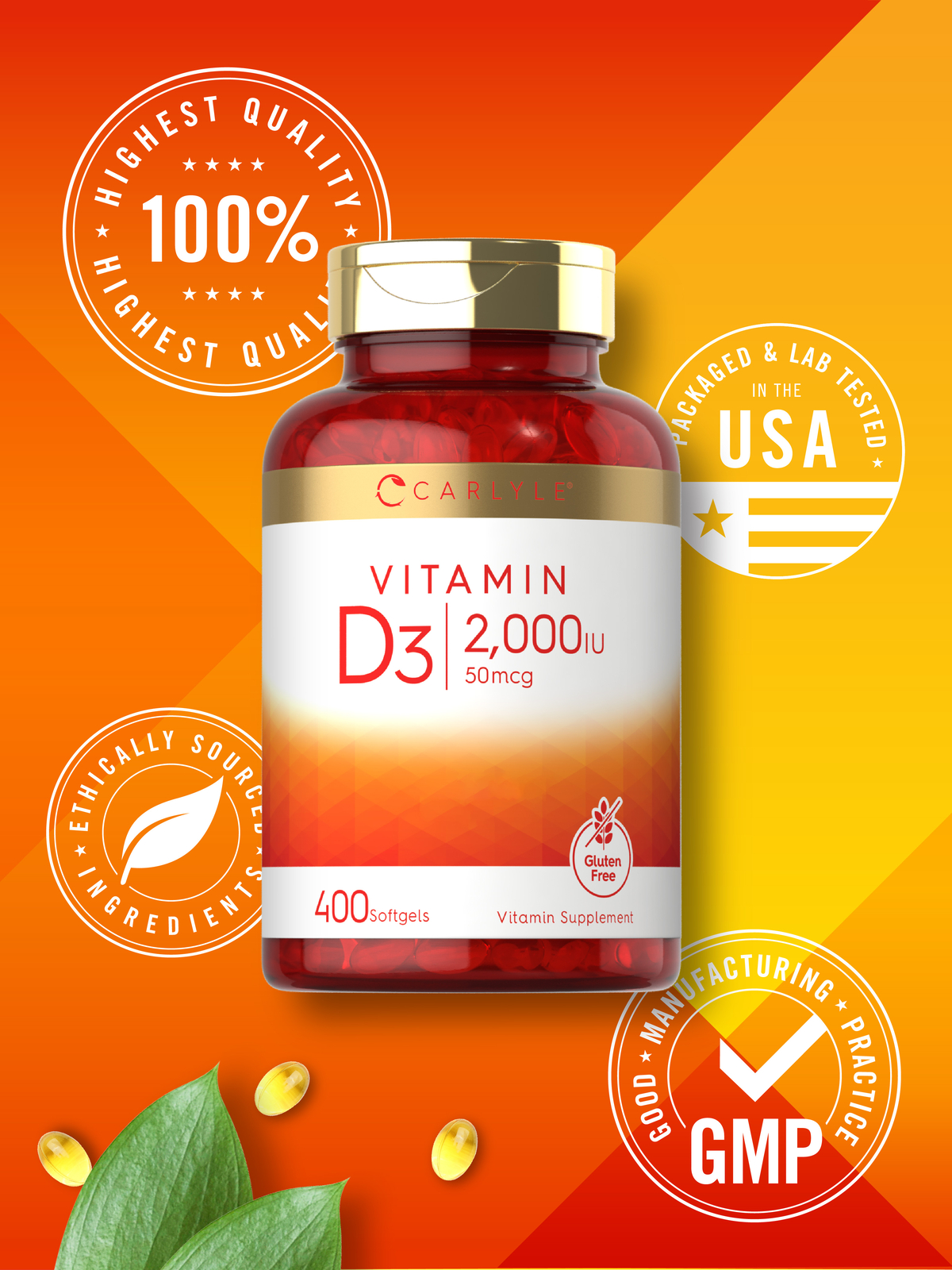 Vitamin D3 2000 IU Softgels | 400 Count | Non-GMO, Gluten Free | by Carlyle