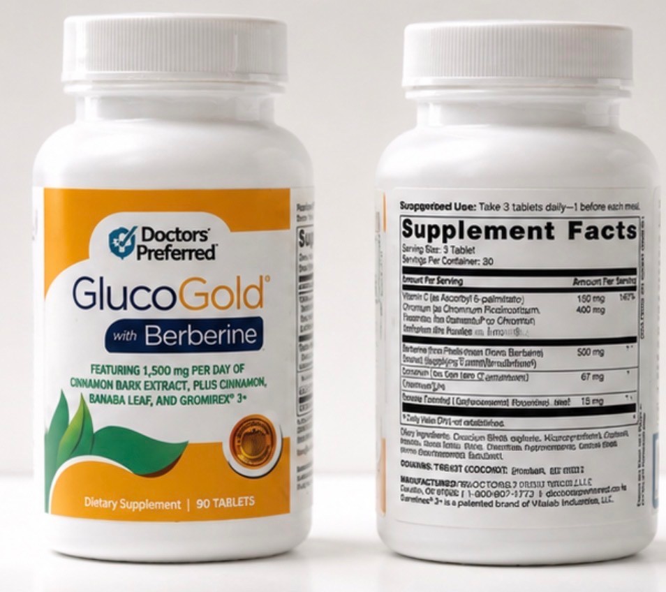 Doctors Preferred GlucoGold Berberine 1500mg Cinnamon Chromium 90 Tablets