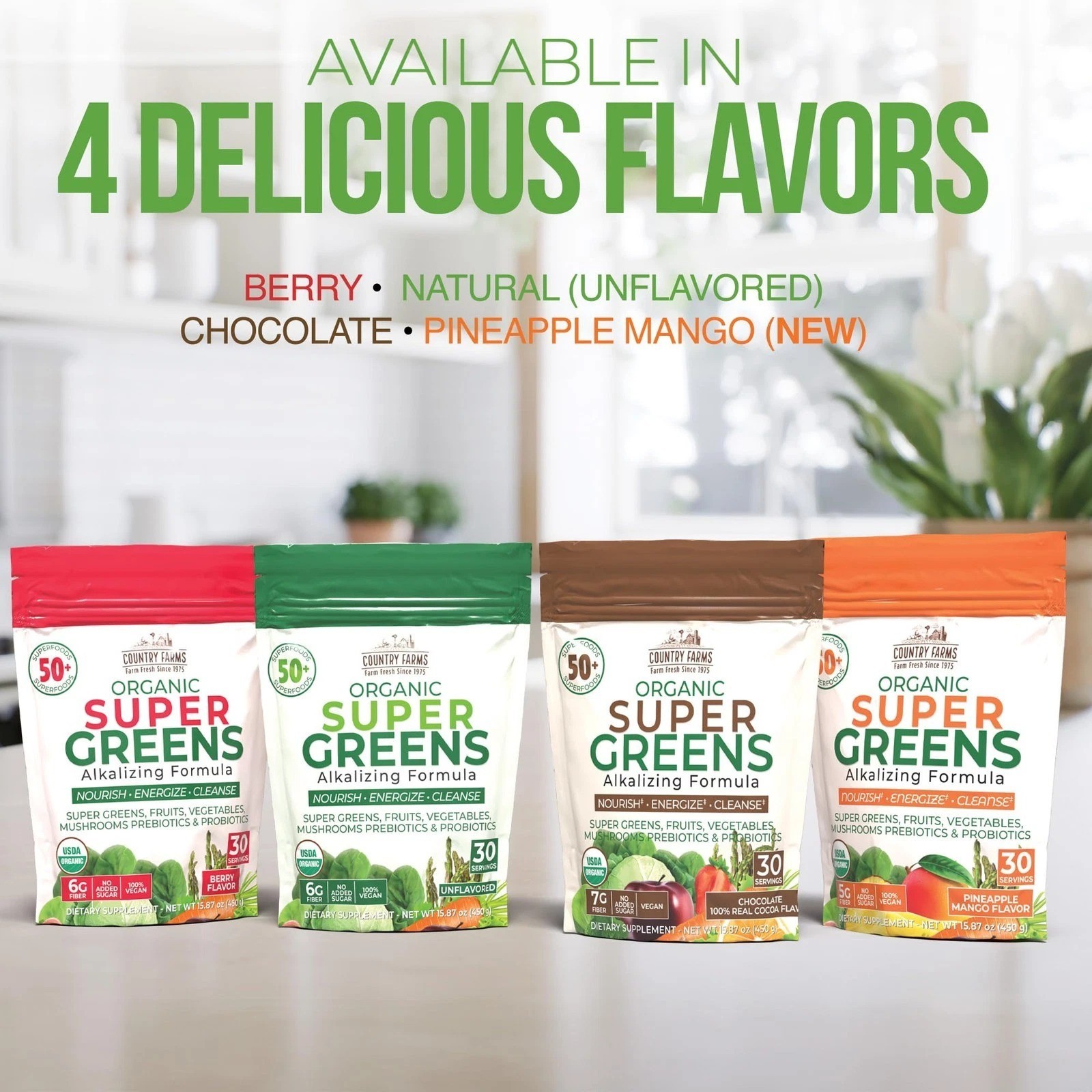 Country Farms Super Greens Berry Flavor, 50 Organic Super Foods, USDA Organic…