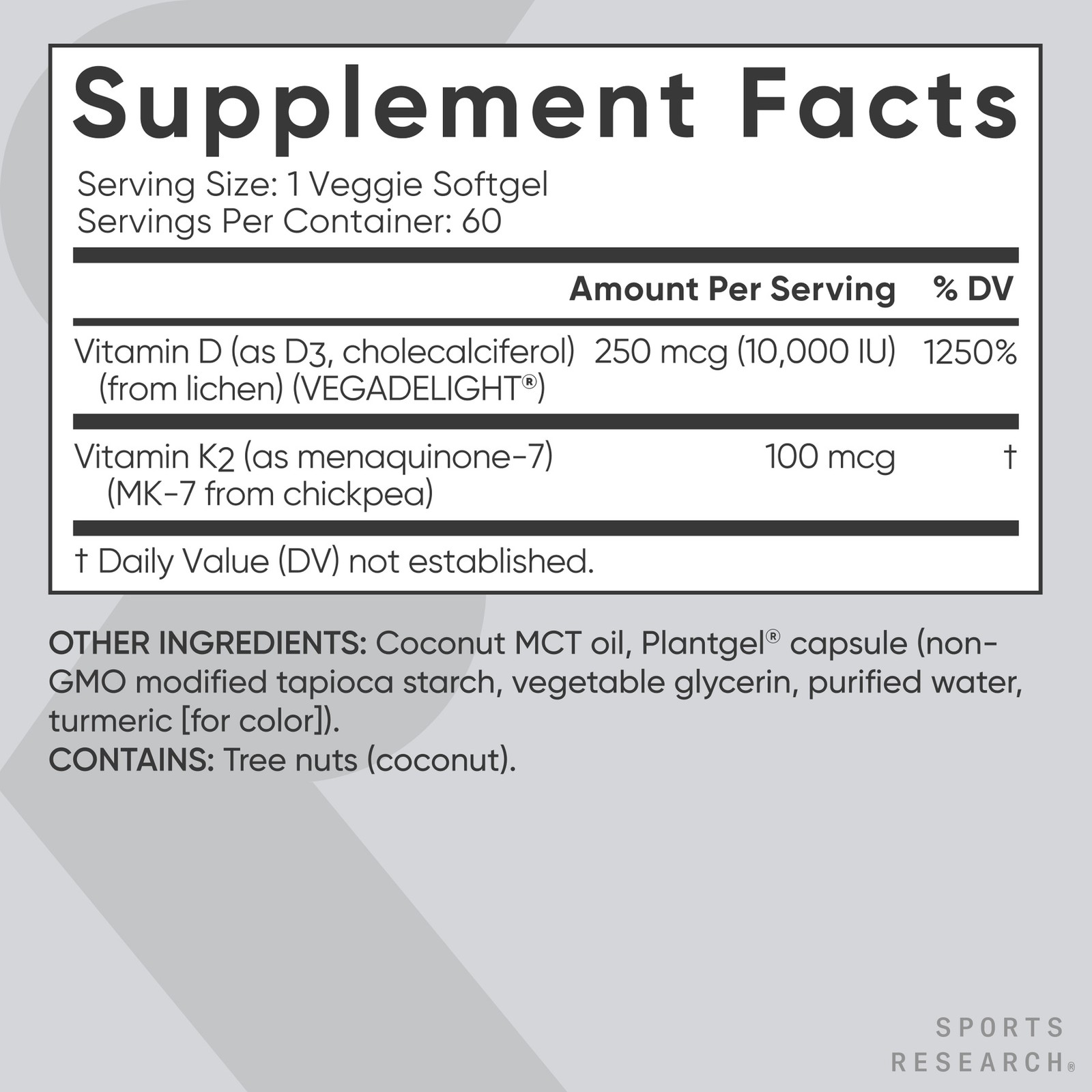 SR Vegan D3 10,000iu Vitamin K2 100mg Vegan Certified Soy Gluten Free 60 Softgel