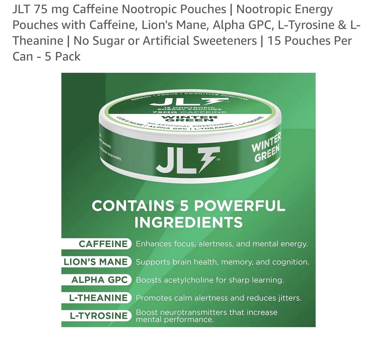 JLT 75 mg Caffeine Nootropic Pouches Energy Pouches W/ Caffeine 5 Pk READ ALL
