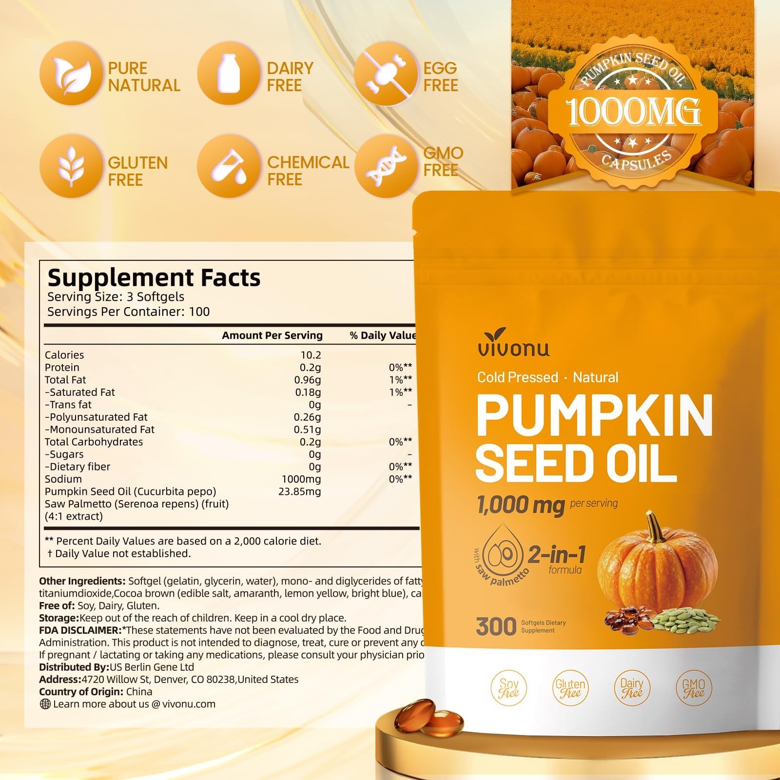 Pumpkin Seed Oil & Saw Palmetto Softgels, 300 Non-GMO Capsules | Cold Pressed, H