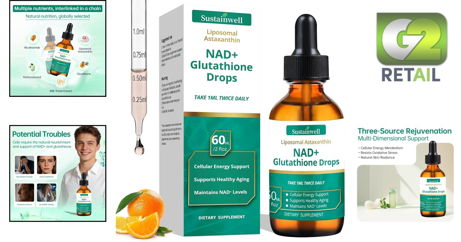 NAD+ Glutathione Liquid Drops with Astaxanthin – Citrus Flavor, 2.04 Fl Oz