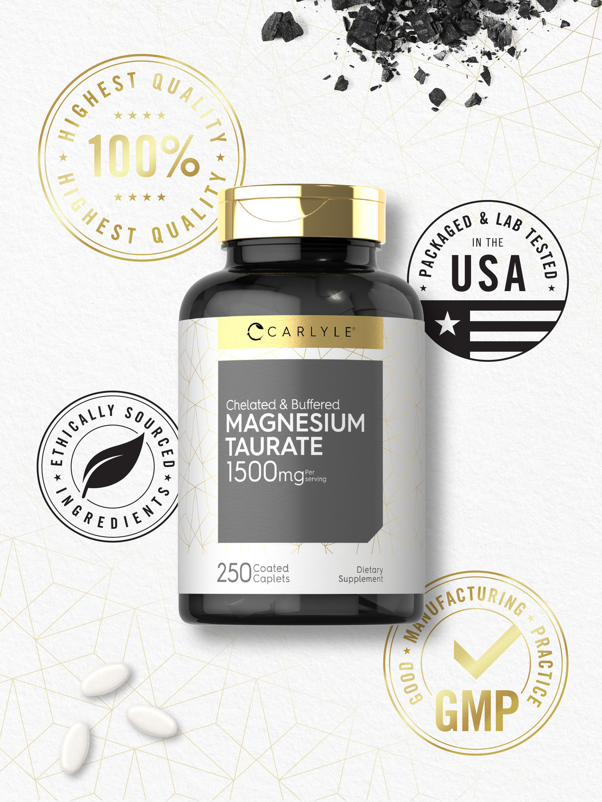 Magnesium Taurate | 1500mg | 250 Caplets | Vegetarian, Non-GMO | by Carlyle