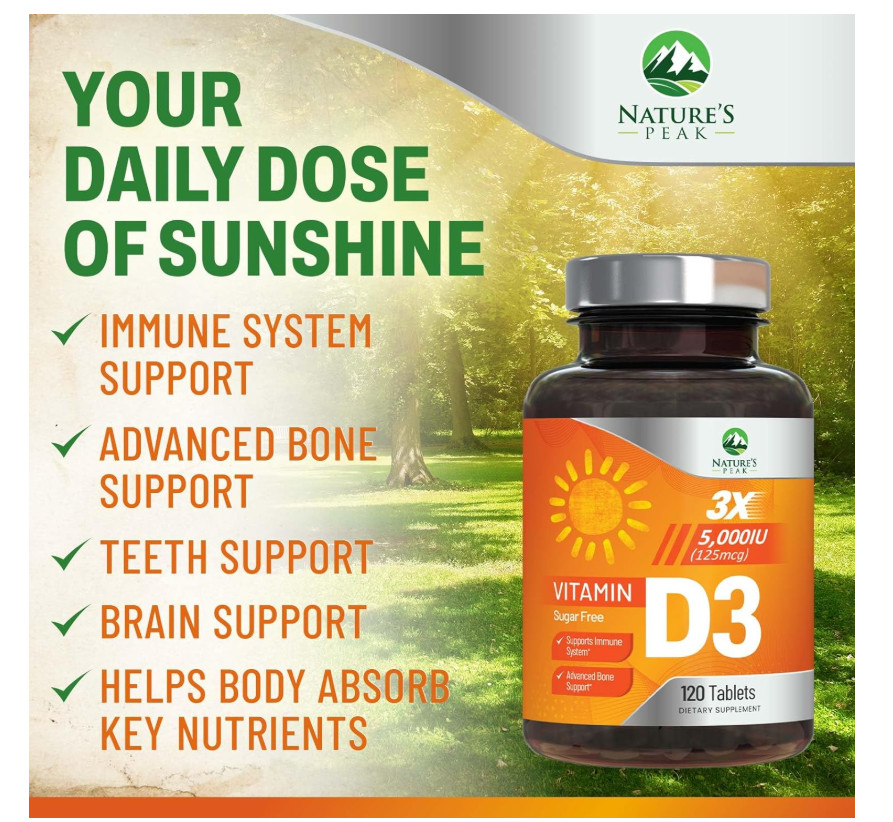 Vitamin D3 5000 IU 125mcg Chewable Tablets Raspberry Immune Bone Health 120 Coun
