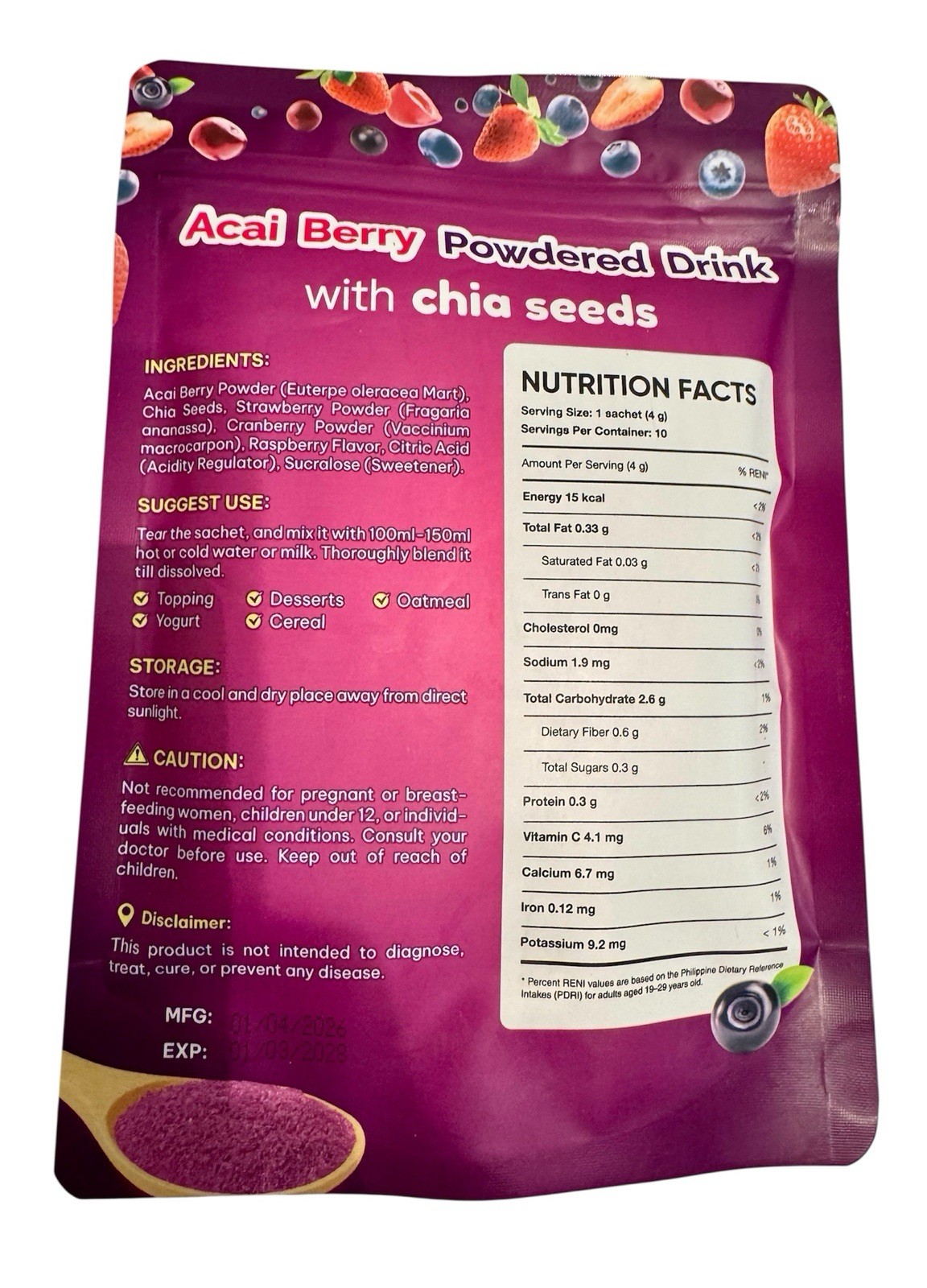 3 Packs FITGUM Acai Berry Drink Powder w/ Chia & Collagen – 30 Sachets