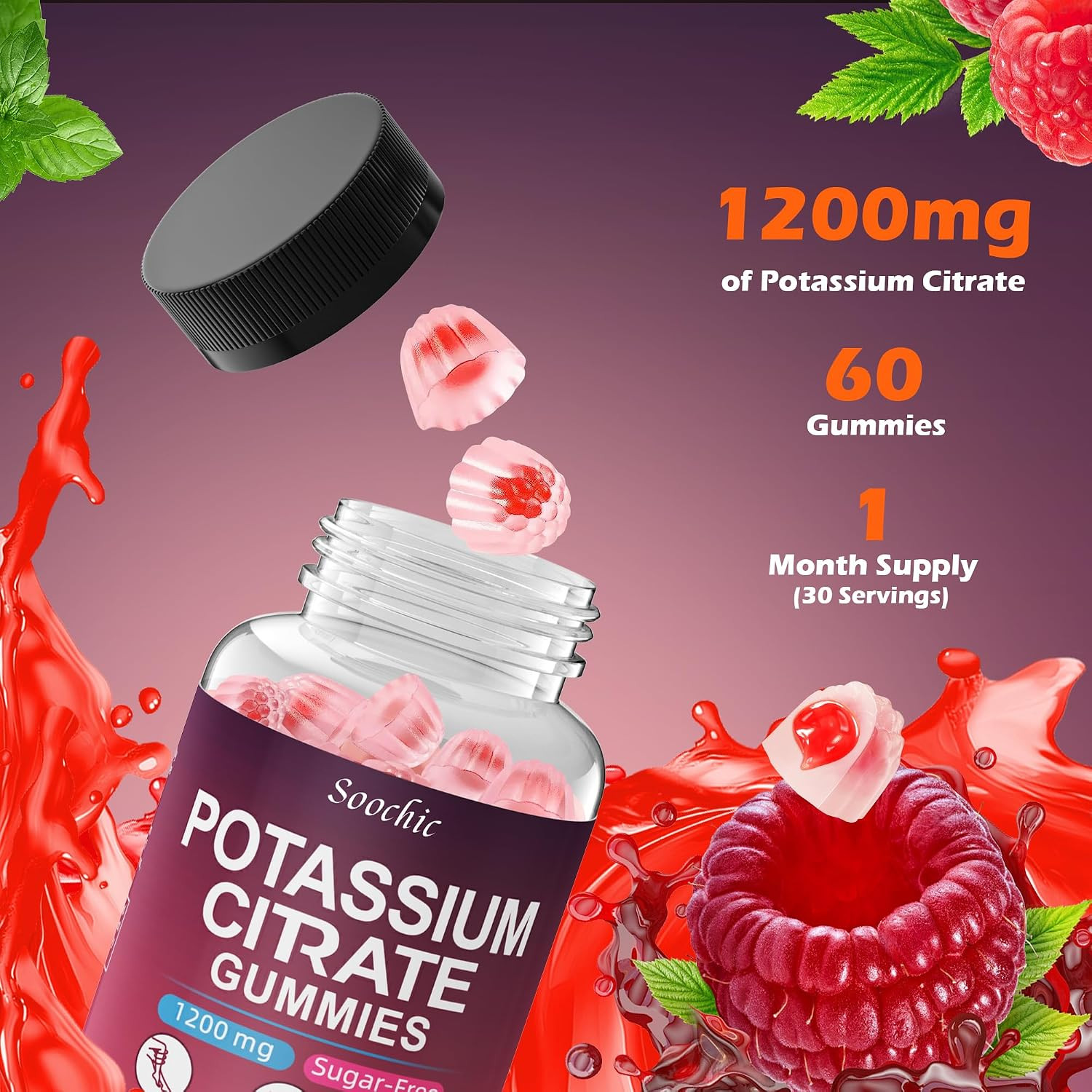 Potassium Citrate Gummies 1200mg Sugar Free Vegan Raspberry Flavor 60 Count