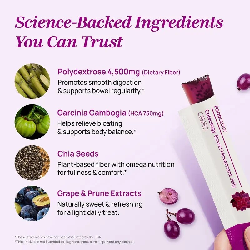 2 PCS-FOODOLOGY Coleology Bowel Movement Jelly Sticks, Grape Flavor,Gut Bloating