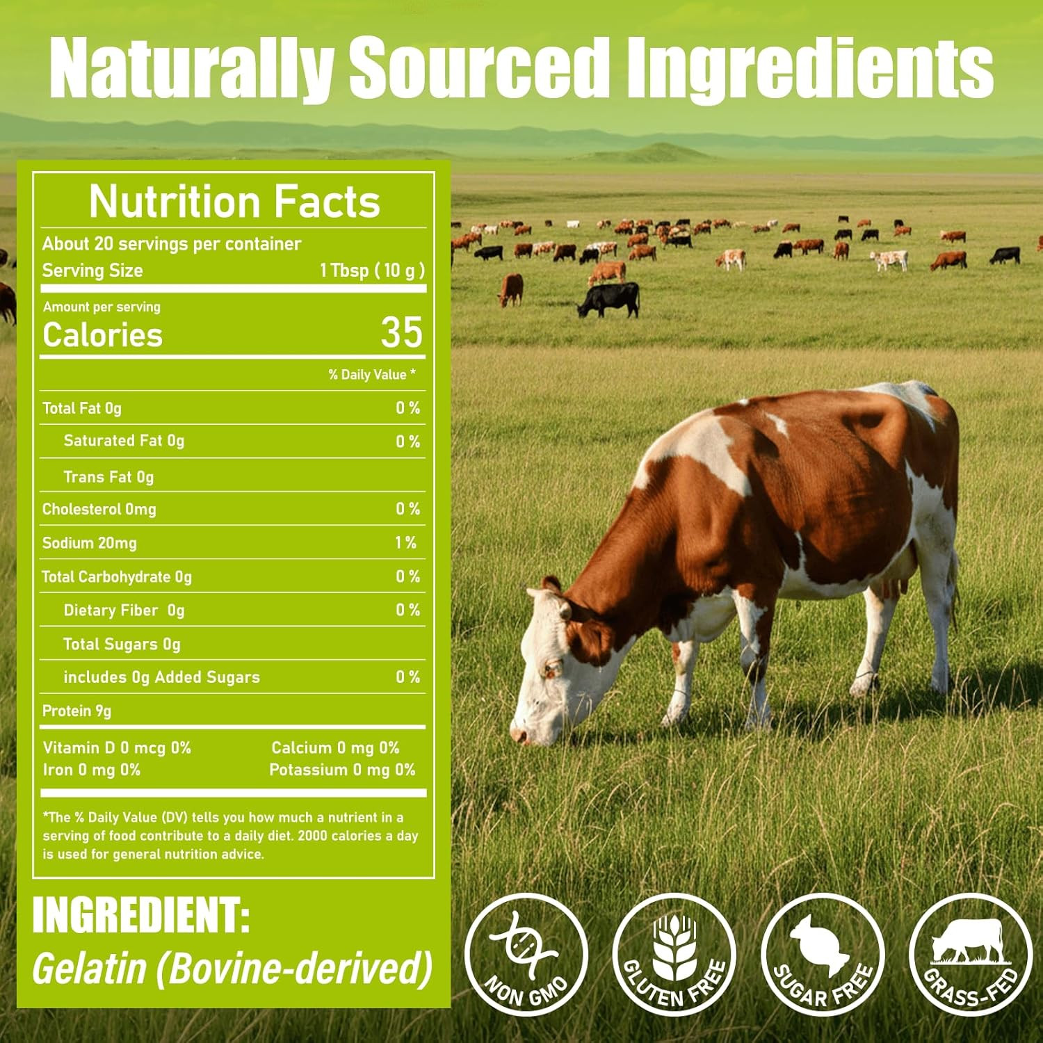 Beef Gelatin Powder Unflavored, 7 Oz/198 G Grass Fed Gelatin Powder, Premium Thi