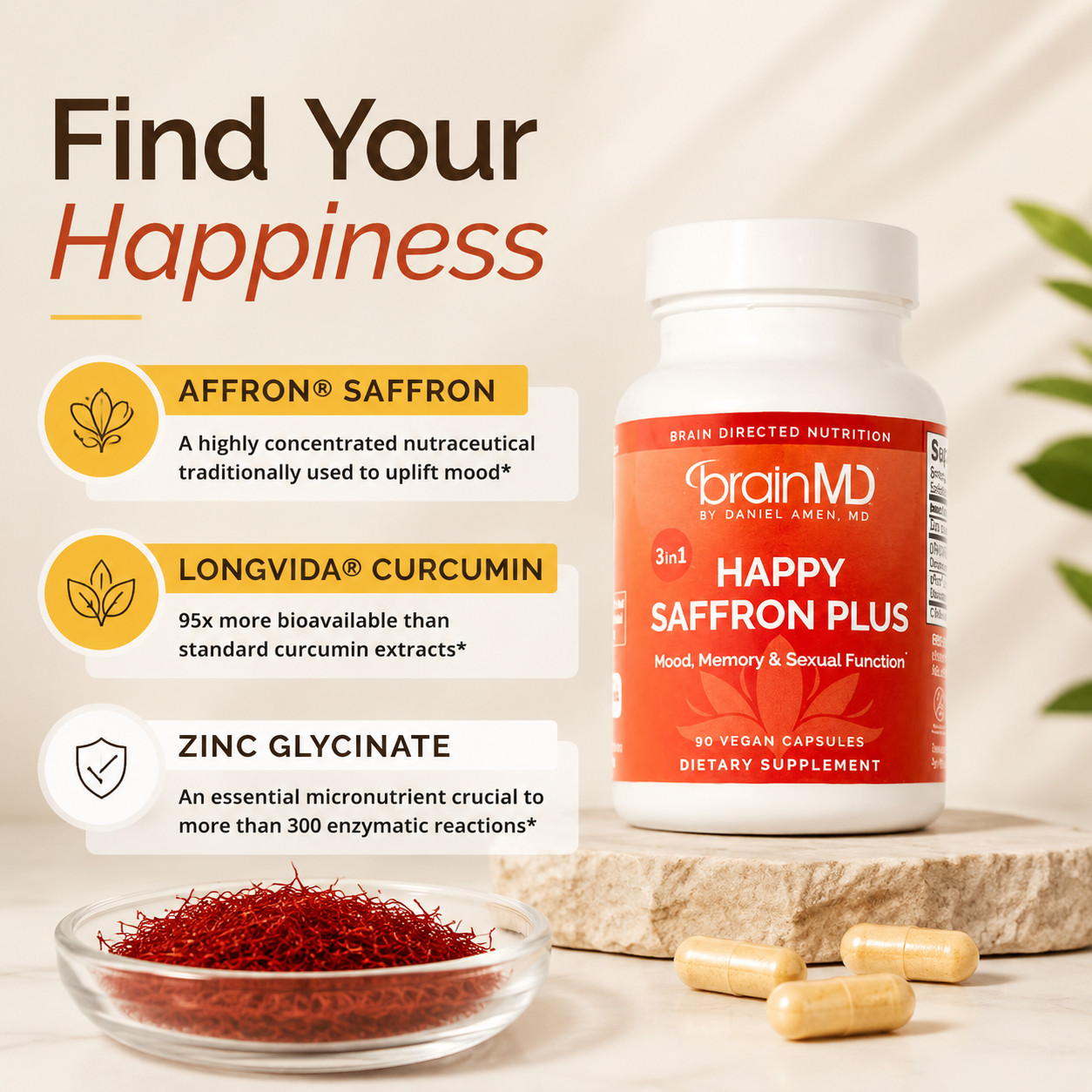 BrainMD Happy Saffron Plus Vegan Capsules Mood Memory Stress Support 90 Count