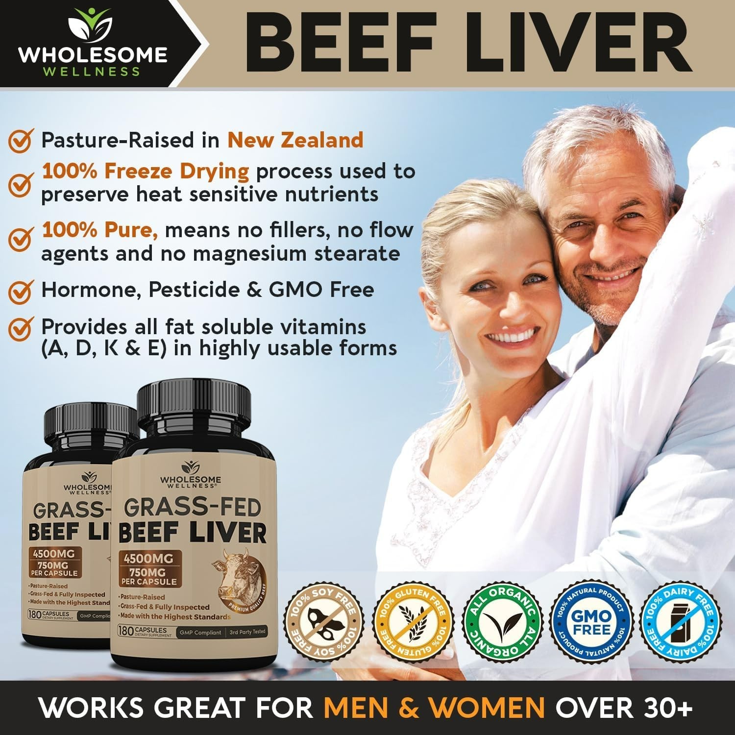 Wholesome Wellness Grass-Fed Desiccated Beef Liver – 180 Capsules Each Pack of 2