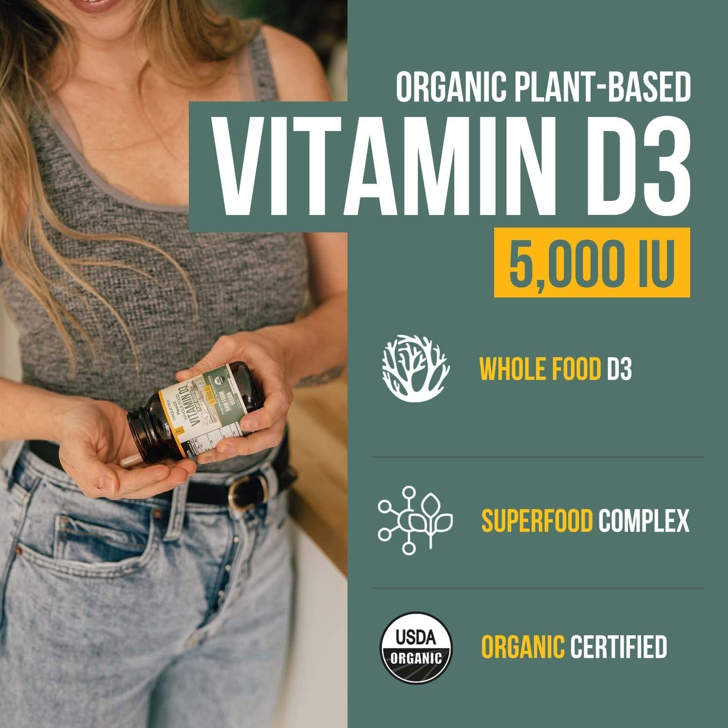 Organic Vitamin D3 5000 IU – Vegan, Whole Food, Prebiotic & Superfood Complex, 6