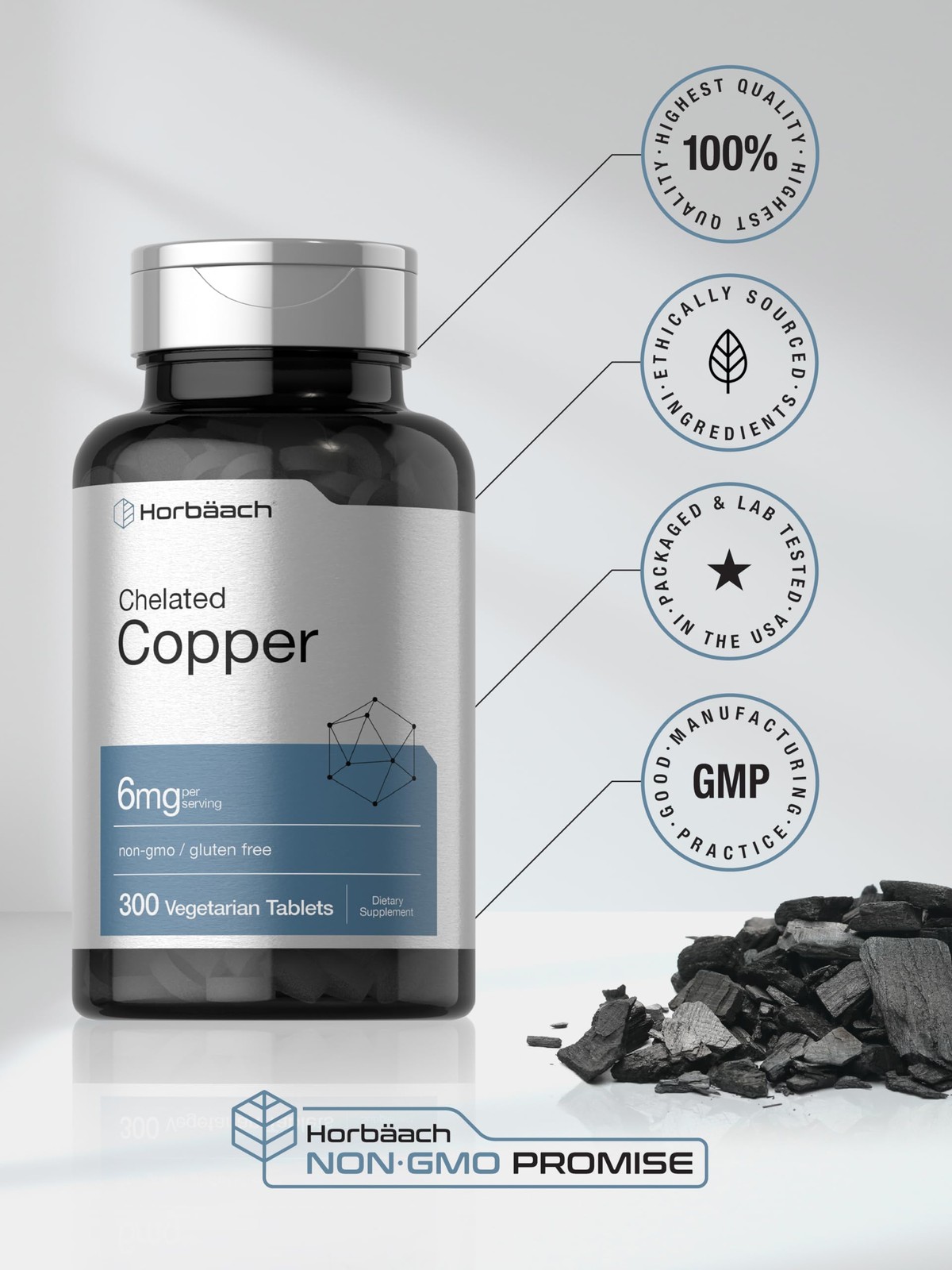 Horbäach Chelated Copper Supplement 6mg | 300 Tablets | 300 Count (Pack of 1)