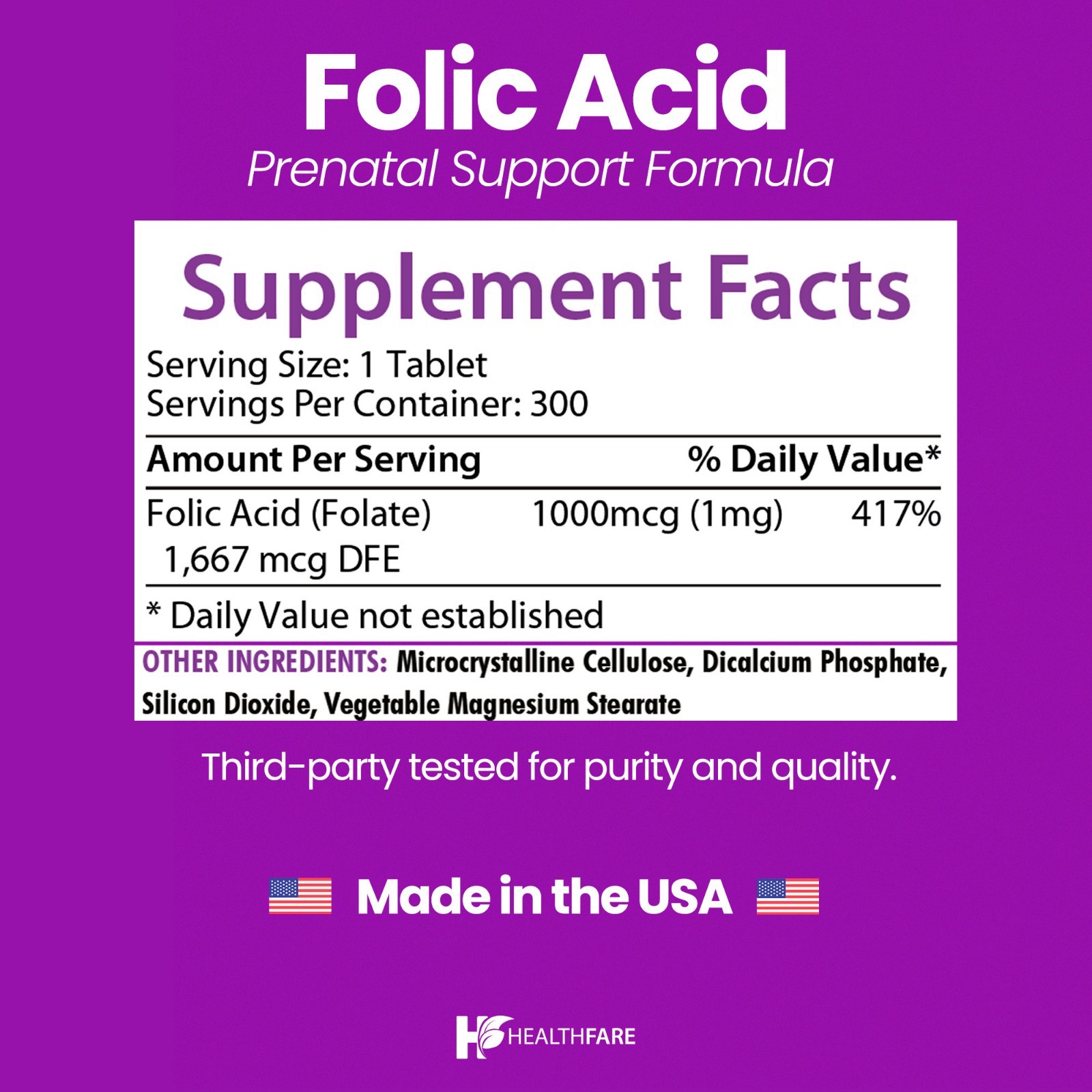 Healthfare Folic Acid 1000mcg 300 Tab Folate Vitamin B9 Water-Soluble Made in US