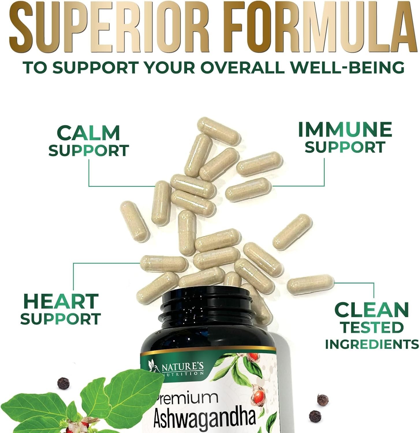 Organic Ashwagandha 2100mg, 60 Capsules w/ Black Pepper Root Supplement