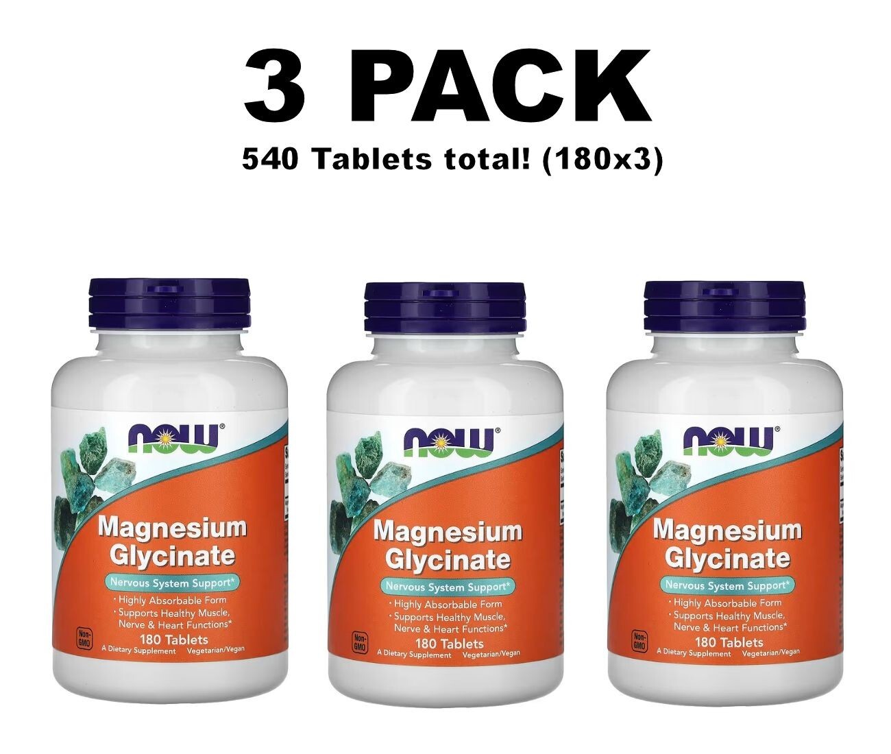 NOW Foods, 3 PACK, Magnesium Glycinate, 180 Tablets each (540 total!)